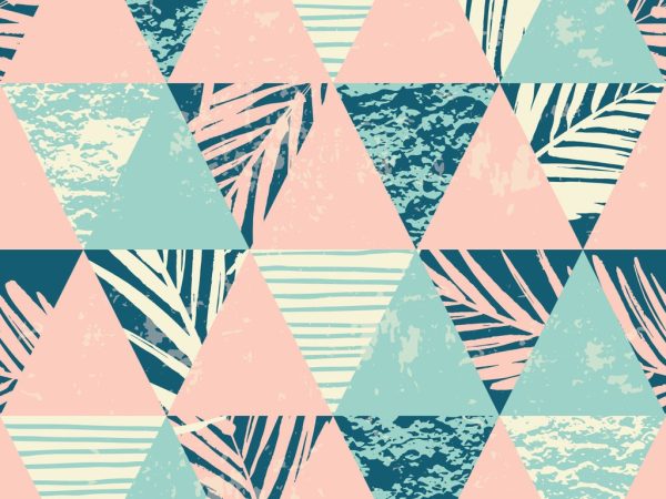 Seamless exotic pattern with palm leaves on geometric background