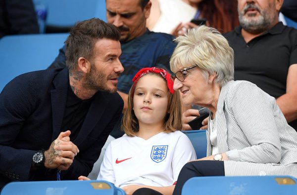 LE HAVRE, FRANCE - JUNE 27:  David Beckham is seen in the stands with his daughter, Harper, and mother, Sandra Georgina West prior to the 2019 FIFA Women's World Cup France Quarter Final match between Norway and England at Stade Oceane on June 27, 2019 in Le Havre, France. (Photo by Alex Caparros - FIFA/FIFA via Getty Images)