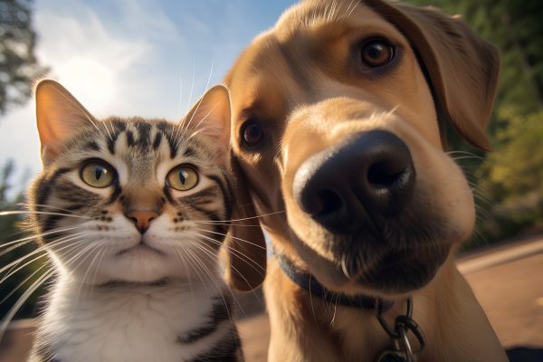 Cat and dog looking at each other. Focus on the eyes.