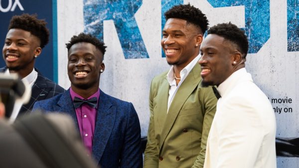 epa10028899 (L-R) Kostas Antetokounmpo, Alex Antetokounmpo, Giannis Antetokounmpo and Thanasis Antetokounmpo arrive for the Disney premiere of 'Rise' at the Walt Disney Studios Main Theater in Burbank, California, USA, 22 June 2022. Rise will be released in Theaters on 24 June.  EPA/LAUREN JUSTICE