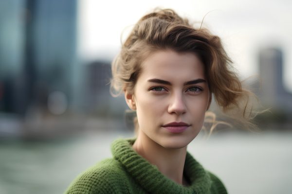 Portrait of a beautiful young woman in a green sweater on the ba