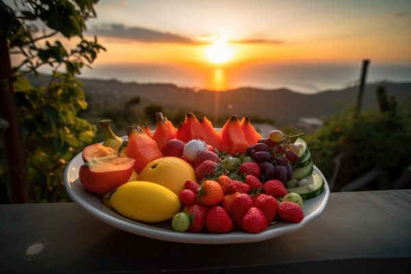a plate of colorful fruits and vegetables, with a view of the sun setting in the background