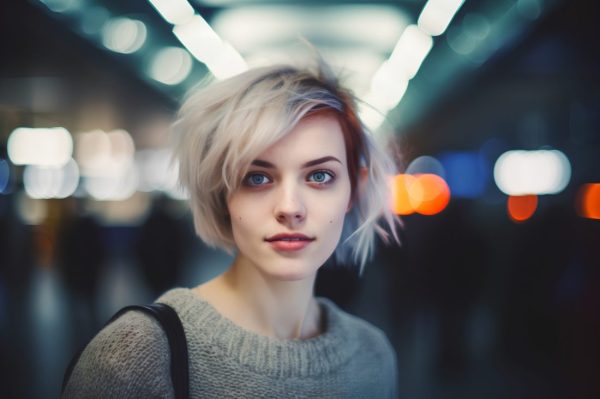 portrait of a beautiful young woman with short hair in the city