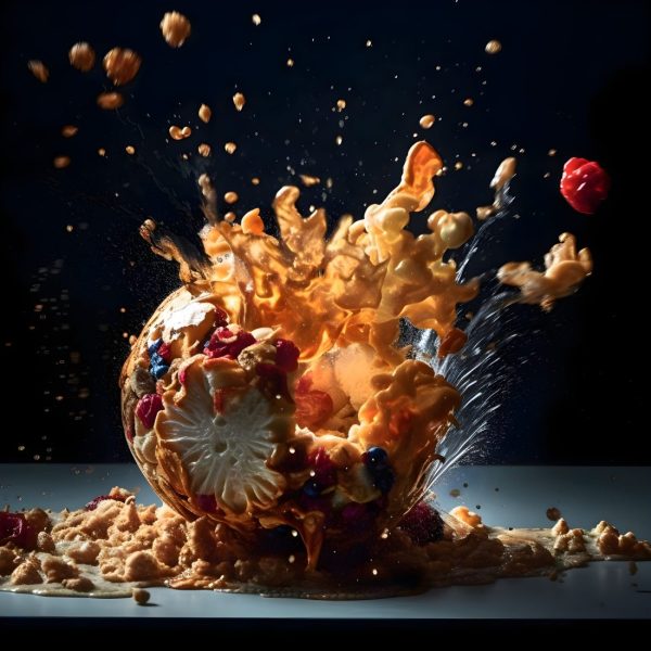 Colorful splashes and drops of confectionery falling into apple