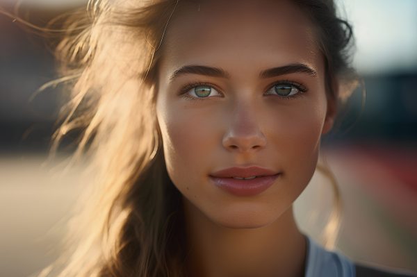 Portrait of a beautiful young woman with long hair and blue eyes