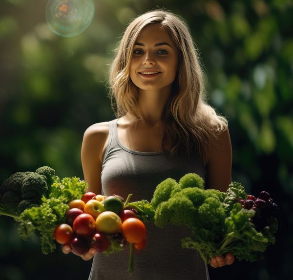 Γυναίκα κρατά αγκαλιά φρούτα και λαχανικά