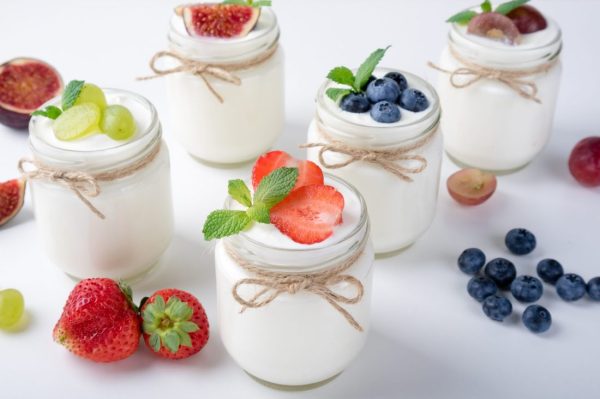 Fresh yogurt. Breakfast with yogurt with fruits and berries. Hea