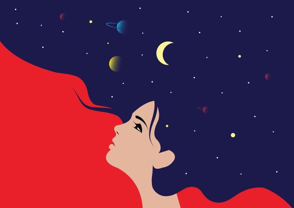 The profile of a girl with he hair full of stars inside.