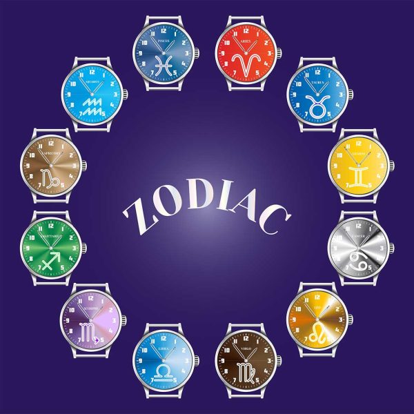 12 Classic wristwatches with horoscope signs on multicolored dia